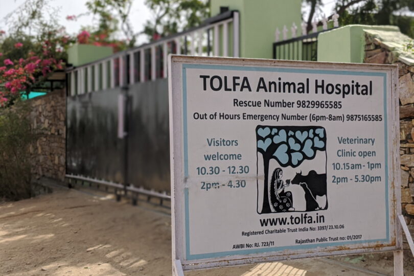 TOLFA animal hospital sign outside the centre gates