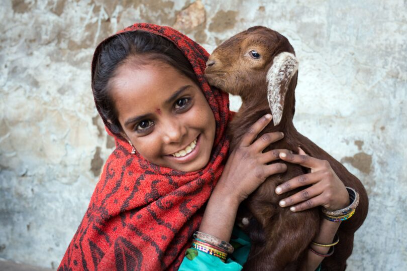 A smiling girl in a red scarf holding a brown goat kid