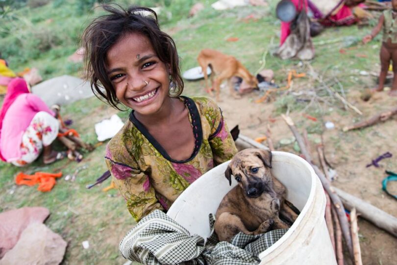 A girl with a puppy in a tub