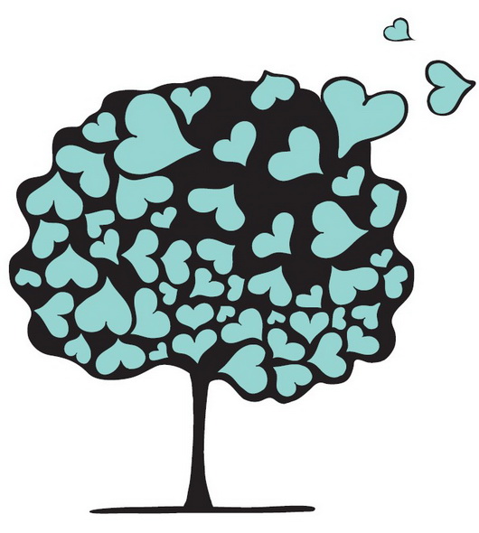 TOLFA logo tree with hearts drifting away